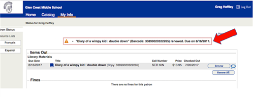 Successfully renewed message displays 